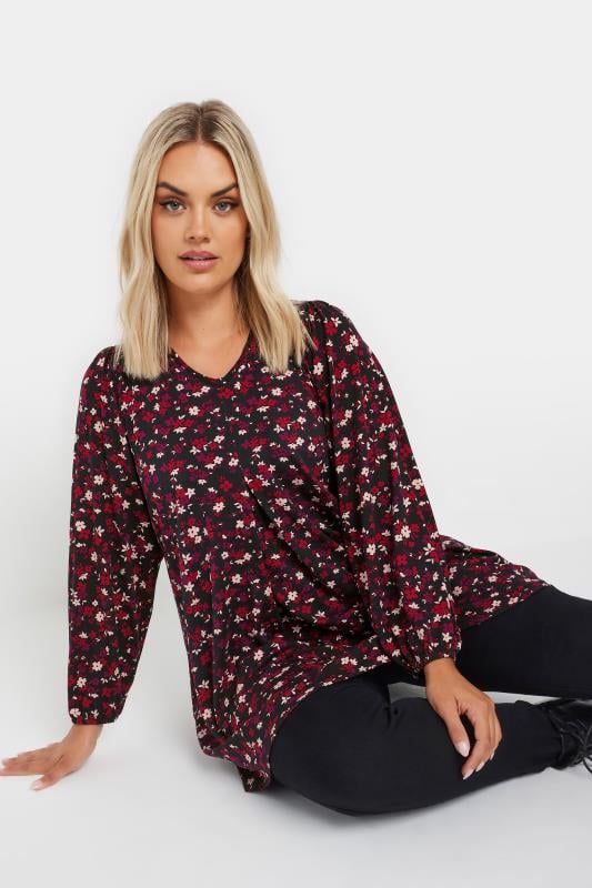 Plus Size  YOURS Curve Burgundy Red Ditsy Floral Swing Top