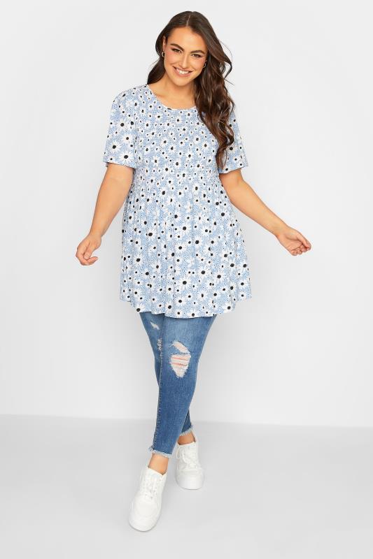 YOURS Plus Size Blue Daisy Print Shirred Peplum Top | Yours Clothing 2