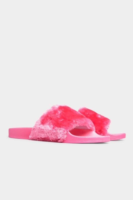Plus Size  Pink Vegan Fur Sliders In Regular Fit