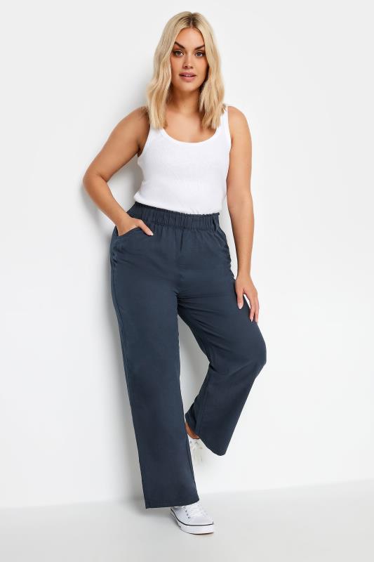 YOURS Plus Size Navy Blue Cool Cotton Wide Leg Trousers | Yours Clothing 2