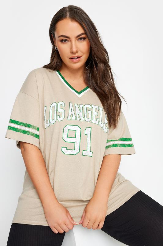 YOURS Plus Size Beige Brown 'Los Angeles' Slogan Varsity T-Shirt | Yours Clothing 1