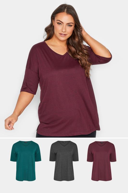 3 PACK Plus Size Teal Blue & Berry Red Marl T-Shirts | Yours Clothing 1