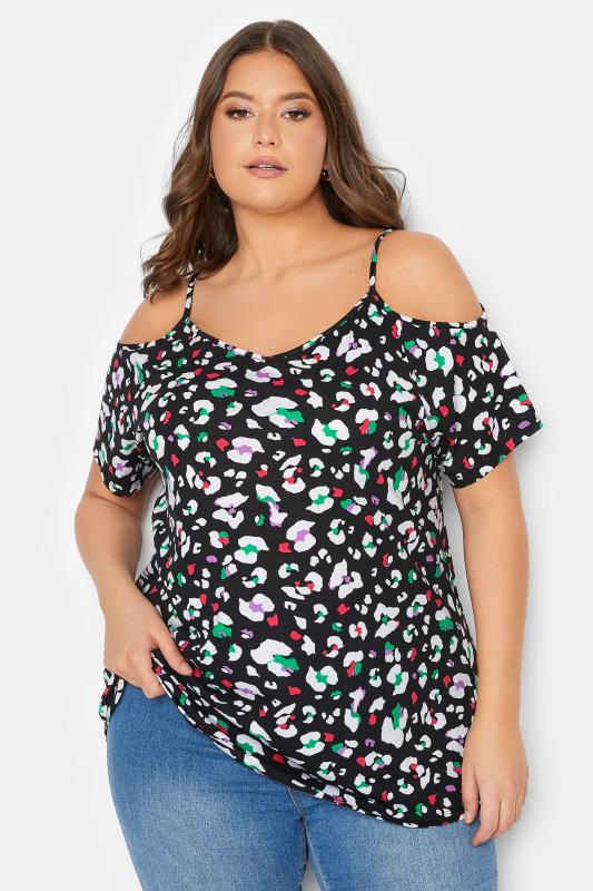 YOURS Curve Plus Size Black Animal Print Cold Shoulder T-Shirt | Yours Clothing  1