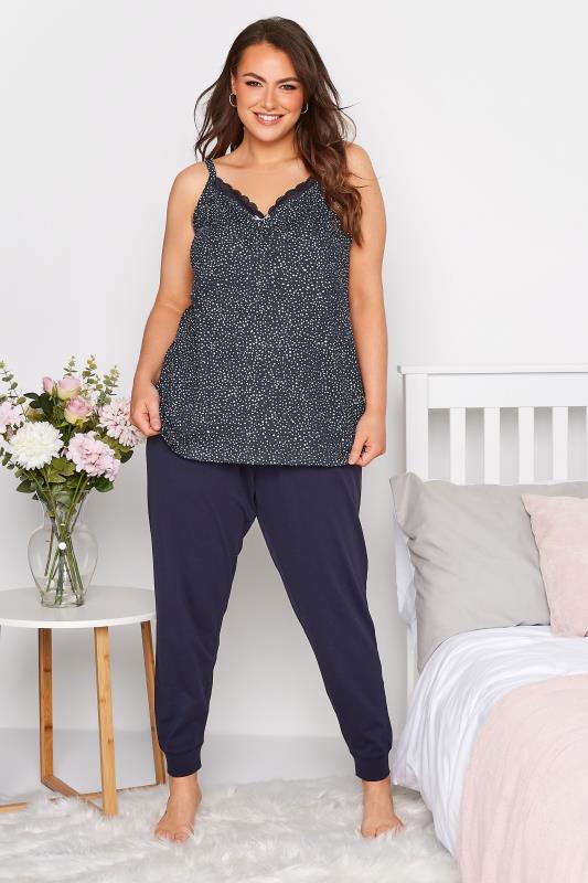 Plus Size Navy Blue Spot Print Lace Trim Cami Pyjama Top | Yours Clothing  5