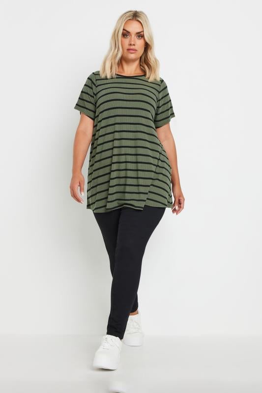 YOURS Plus Size Khaki Green Stripe Ribbed Swing T-Shirt | Yours Clothing  2