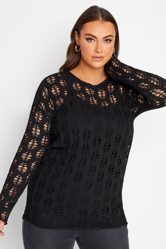  YOURS LUXURY Pull noir en maille ajourée