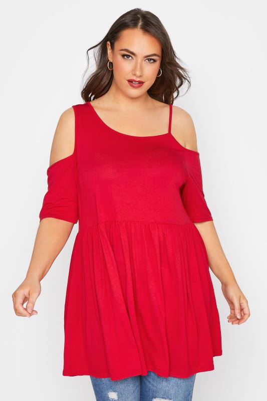 LIMITED COLLECTION Curve Red Asymmetric Cold Shoulder Smock Top_A.jpg
