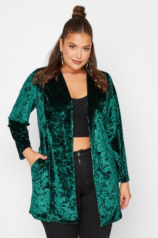 LIMITED COLLECTION Plus Size Green Velvet Long Sleeve Blazer | Yours Clothing  1