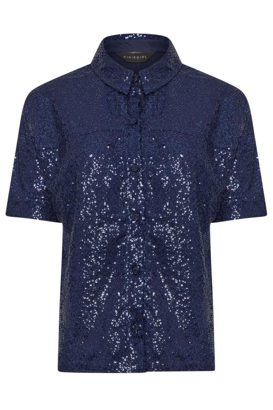 PixieGirl Petite Women's Navy Blue Sequin Embellished Short Sleeve Shirt | PixieGirl 8