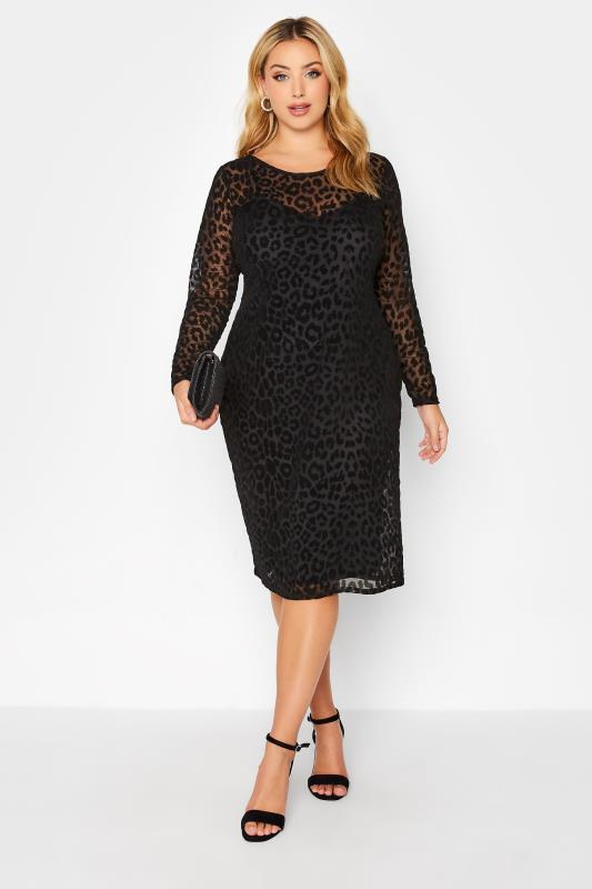 YOURS LONDON Plus Size Black Flocked Animal Print Mesh Dress | Yours Clothing 1
