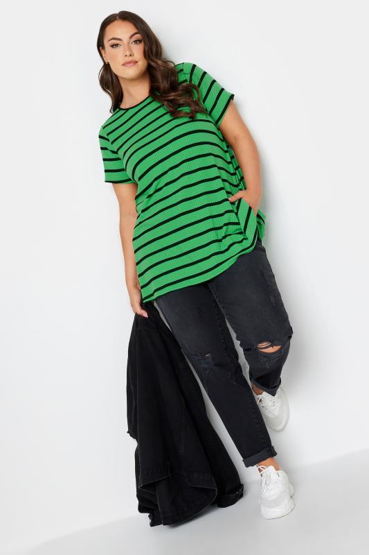 YOURS Curve Plus Size Green Stripe Ribbed Swing T-Shirt | Yours Clothing  2