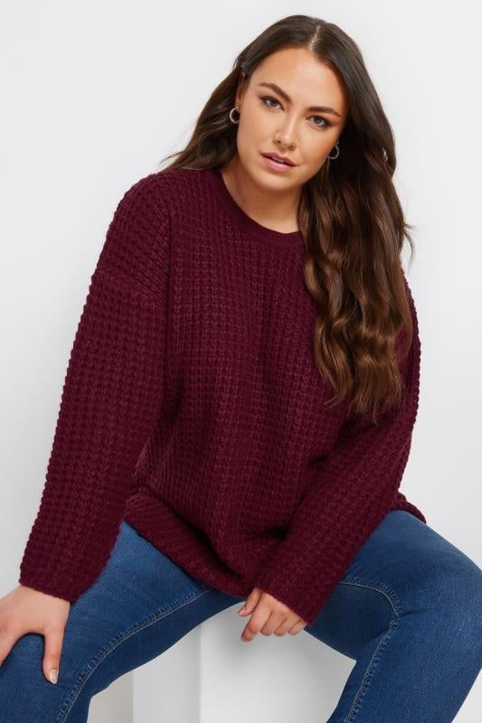 YOURS Curve Burgundy Red Waffle Knit Jumper | Yours Clothing 2