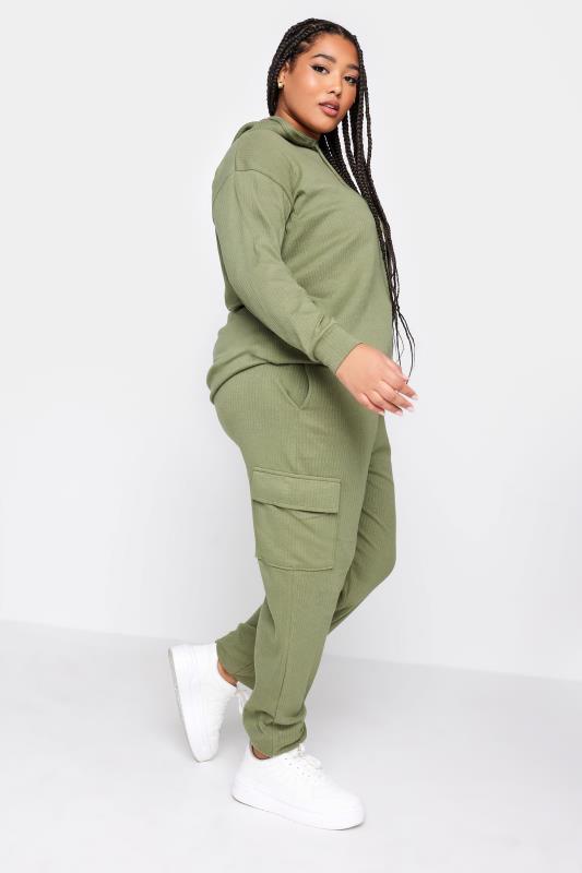 YOURS Plus Size Khaki Green Ribbed Cargo Joggers | Yours Clothing 2
