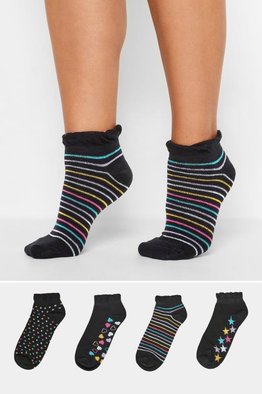  4 PACK Black Mixed Pattern Trainer Liner Socks