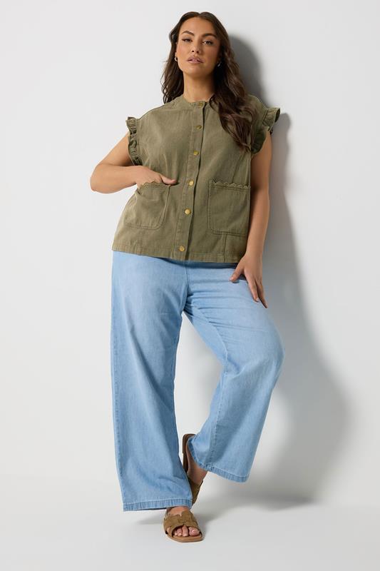 YOURS Plus Size Khaki Green Denim Waistcoat | Yours Clothing 1
