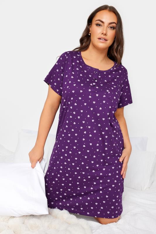 YOURS Plus Size Purple Heart Print Placket Nightdress | Yours Clothing 2