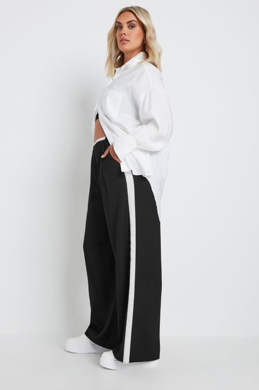 YOURS Plus Size Black Contrast Side Stripe Wide Leg Trousers | Yours Clothing 2