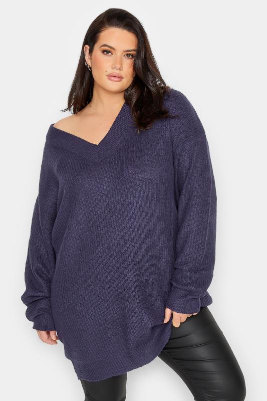 LTS Tall Women's Navy Blue V-Neck Knitted Tunic Top | Long Tall Sally 1