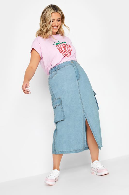 YOURS Plus Size Blue Split Hem Denim Midi Skirt | Yours Clothing  4