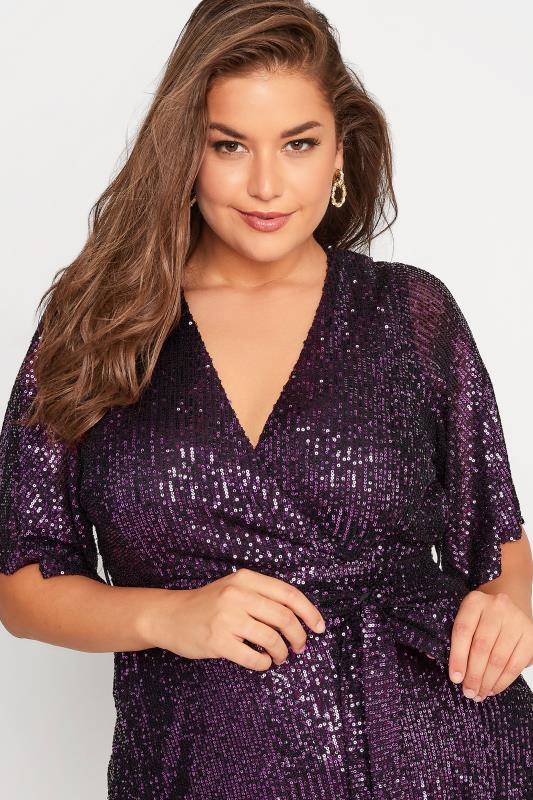 YOURS LONDON Plus Size Purple Sequin Embellished Double Wrap Dress | Yours Clothing 4
