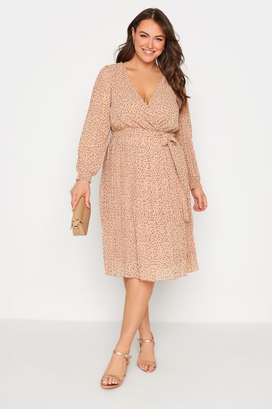  Grande Taille YOURS LONDON Curve Beige Brown Spot Print Pleated Wrap Dress