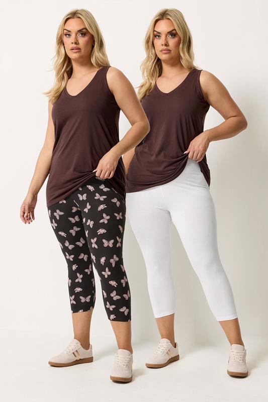 YOURSET 2 PACK Plus Size Black Butterfly Print Cropped Leggings | Yours Clothing 1