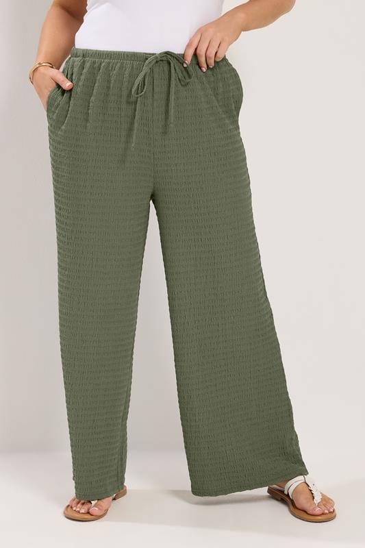 YOURS Plus Size Khaki Green Wide Leg Crinkle Trousers | Yours Clothing 1