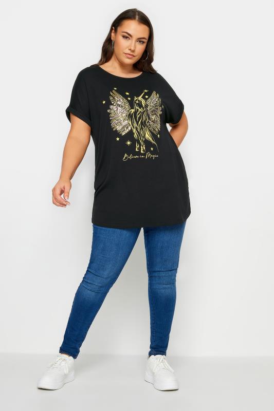 YOURS Plus Size Black Unicorn Print Sequin T-Shirt | Yours Clothing 2