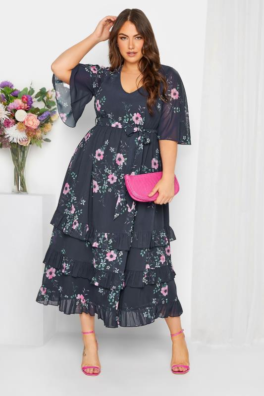  Grande Taille YOURS LONDON Curve Navy Blue Floral Ruffle Hem Maxi Dress