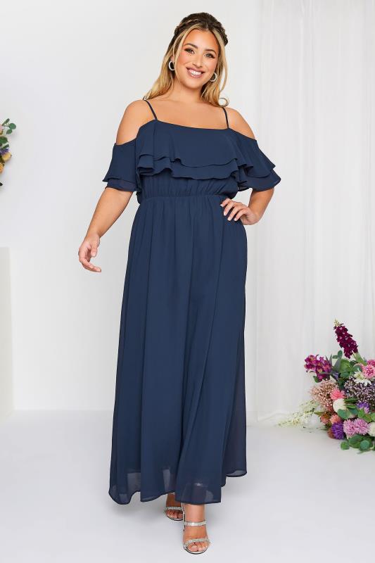 YOURS LONDON Plus Size Navy Blue Bardot Ruffle Maxi Dress | Yours Clothing 1