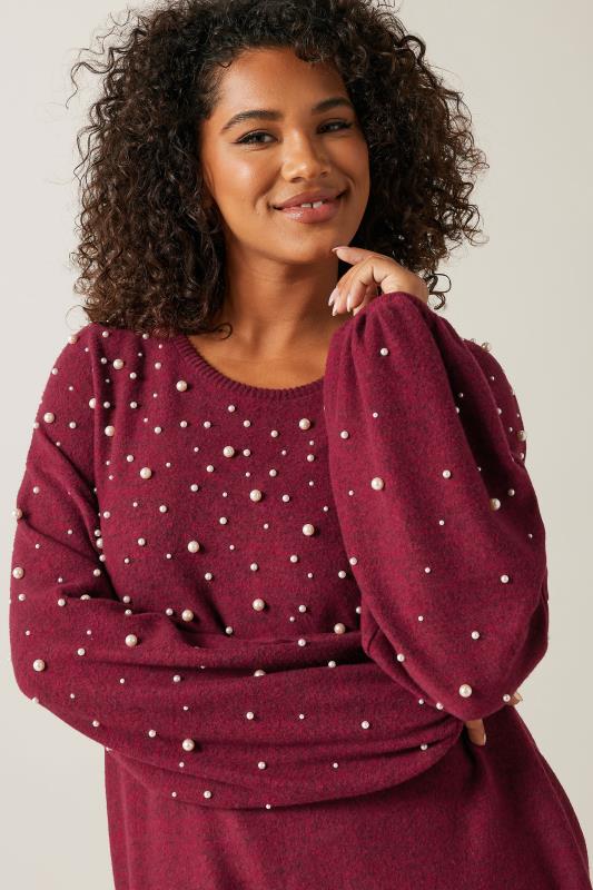 EVANS Plus Size Burgundy Red Pearl Embellished Soft Touch Jumper Dress | Evans 5