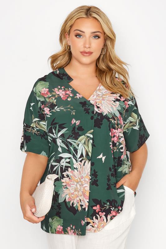 Curve Dark Green Floral Short Sleeve Shirt | Yours Clothing 1