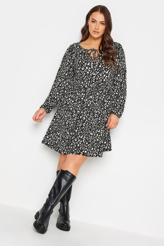  Grande Taille YOURS Curve Black & White Leopard Print Long Sleeve Mini Dress