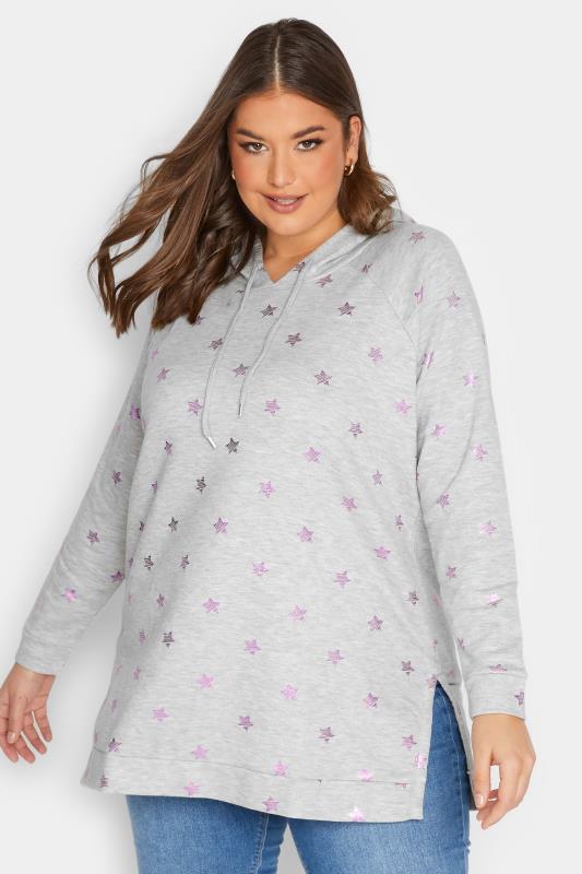 Plus Size Grey Star Print Hoodie | Yours Clothing  2