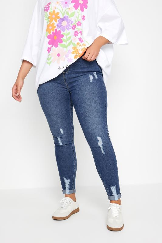 YOURS Plus Size Mid Wash Blue Ripped Turn Up GRACE Jeggings | Yours Clothing 1