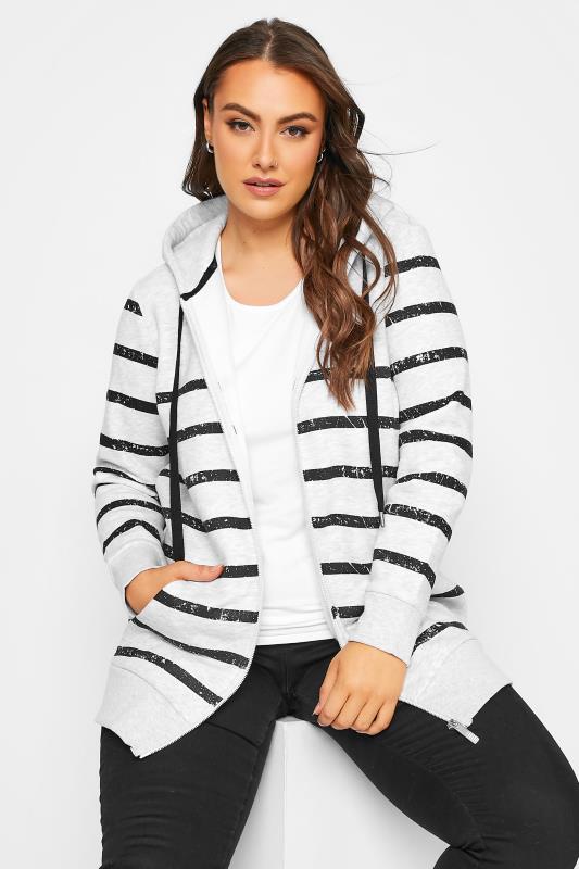 Plus Size Grey Stripe Print Zip Hoodie | Yours Clothing 1