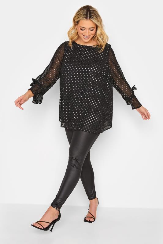 YOURS Plus Size Curve Black & Silver Polka Dot Bell Sleeve Blouse | Yours Clothing  2