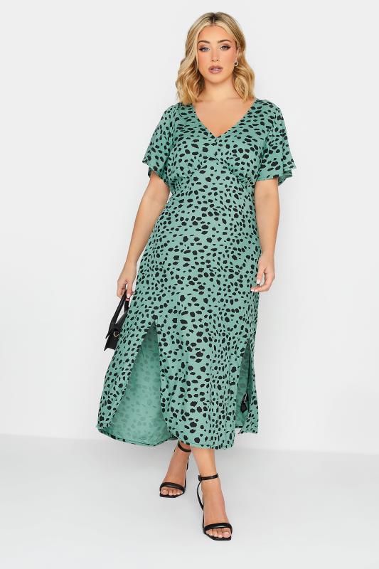 YOURS PETITE Plus Size Green Dalmatian Print Midi Tea Dress | Yours Clothing 2