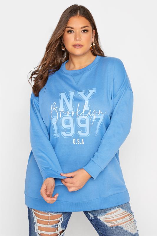  Grande Taille Curve Blue 'Brooklyn New York' Slogan Sweatshirt