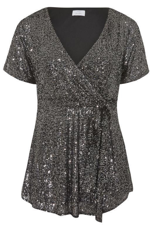 YOURS LONDON Plus Size Silver Sequin Embellished Wrap Top | Yours Clothing 6