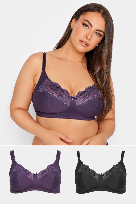 YOURS 2 PACK Black & Purple Cotton Lace Trim Non-Padded Bras | Yours Clothing 1