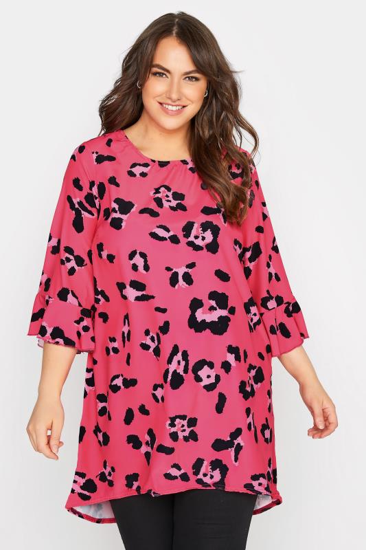 YOURS LONDON Curve Bright Pink Leopard Print Flute Sleeve Tunic Top_A.jpg