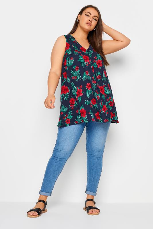 YOURS Plus Size Navy Blue Tropical Print Sleeveless Blouse | Yours Clothing 2