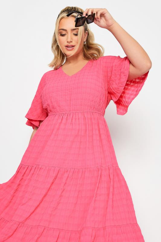 LIMITED COLLECTION Curve Plus Size Hot Pink Textured Tiered Smock Dress | Yours Clothing  5