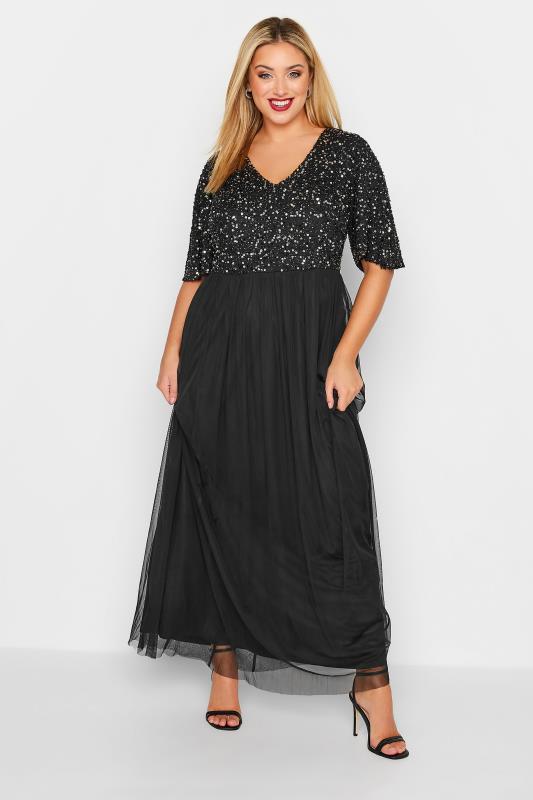 LUXE Plus Size Curve Black Angel Sleeve Hand Embellished Sequin Maxi Dress | Yours Clothing 2