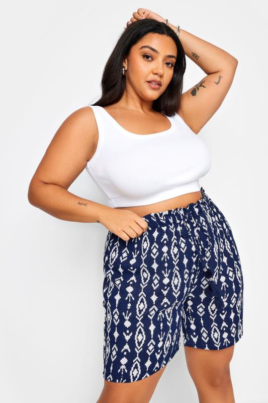 YOURS Plus Size Navy Blue Ikat Print Crinkle Tassel Shorts | Yours Clothing 1