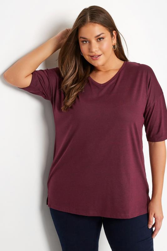 Plus Size Berry Red Marl V-Neck Essential T-Shirt | Yours Clothing  1