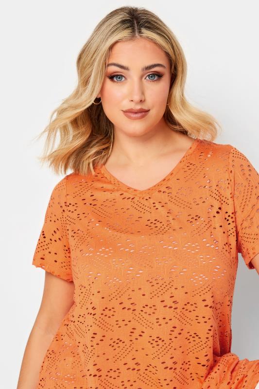 YOURS Curve Plus Size Orange Broderie Anglaise Swing V-Neck T-Shirt | Yours Clothing  4