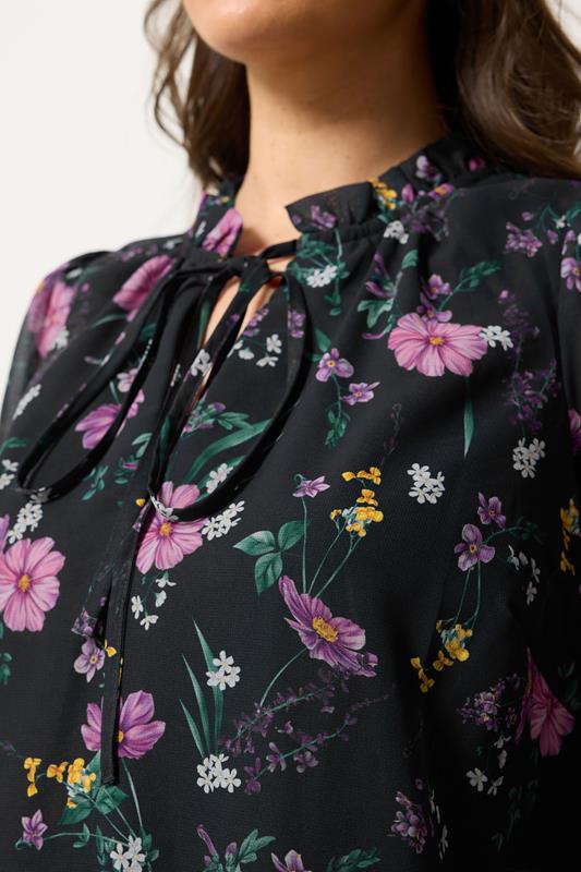 YOURS Plus Size Black Floral Frill Tie Neck Blouse | Yours Clothing 4