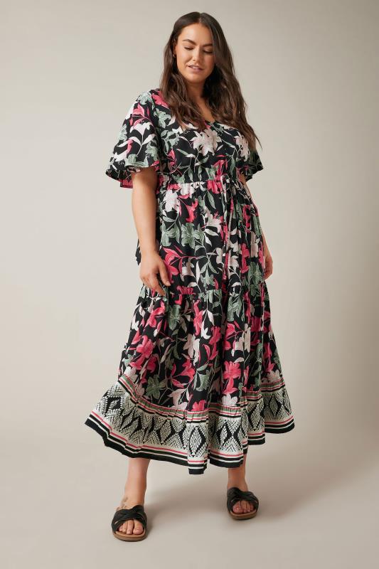 EVANS Plus Size Black Floral Design Border Print Midi Dress | Evans 2